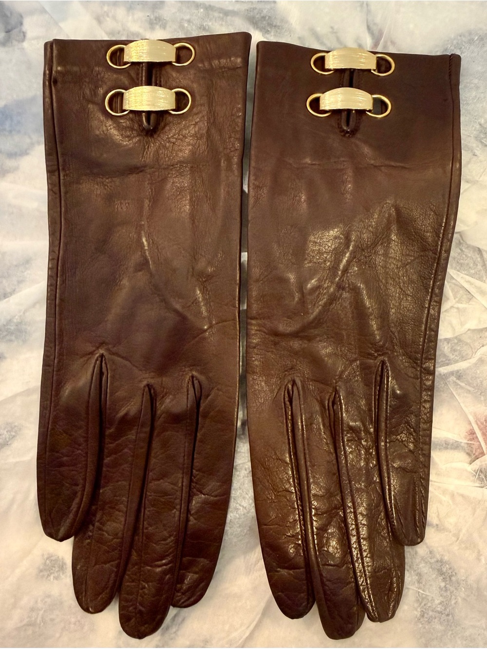 Classic Brown Leather Long Gloves with Gold Hardware